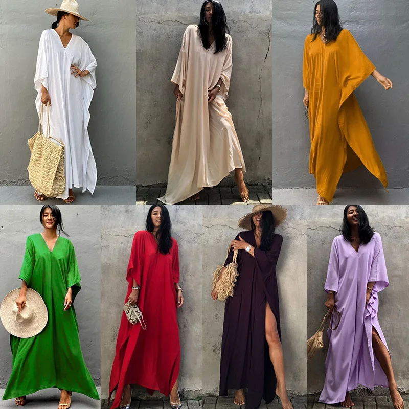 Monochrome Artificial Cotton Beach Vacation Dress, Loose and Comfortable Cover Up Bikini Robe, New