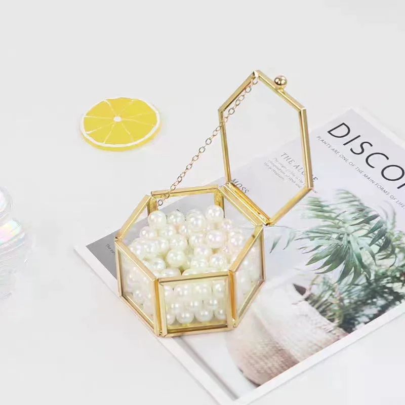 High-end Hexagonal Ring Box Gold And Jewelry Accessory Box Golden Glass Luxurious And Retro Jewelry Storage Box