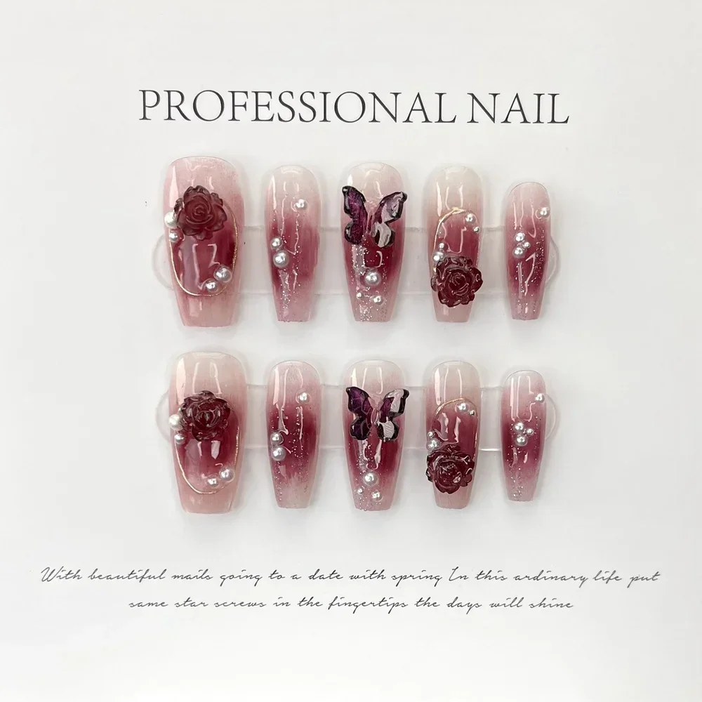 Handmade Short Wine Red False Nails Press on With 3D Design Reusable Artifical Fingernails Fake with Glue Y2k Nail Art for Girls