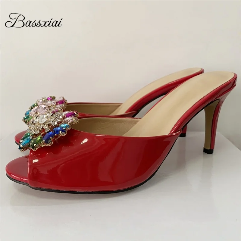 Colorful Diamond Buckle Decor Mules For Girls 8cm Thin High Heel Multicolor Slingbacks Concise Style Women Sandals Summer