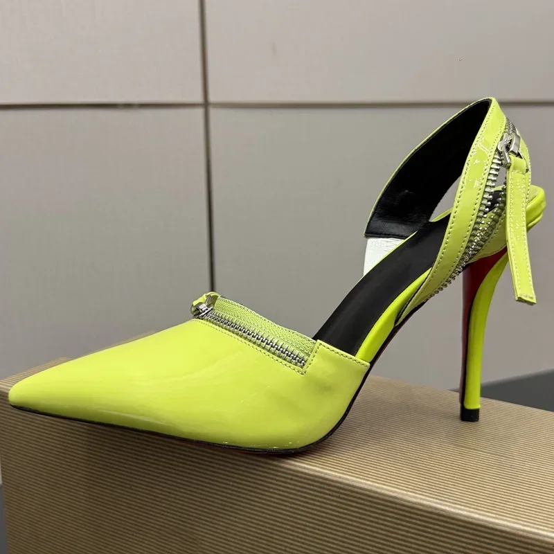 Metal Zipper Decoration High Heels Sexy Pointed Toe Thin Heel Slingback Ankle Warp New Arrivals Fashion Women Modern Shoes