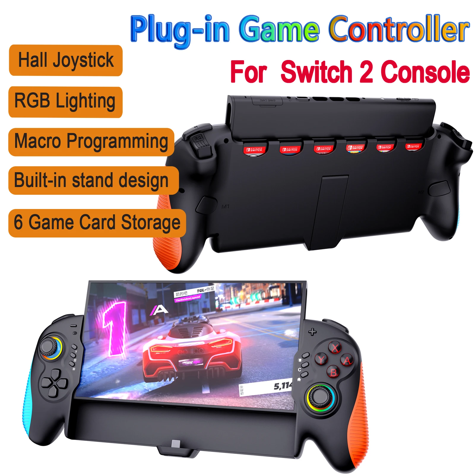 Wired Game Controller for Switch 2  Aounion STK-7067 Hall Joystick RGB Lighting Macro Programming Game Card Storage