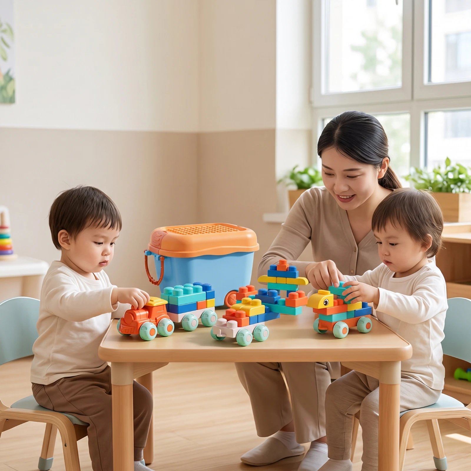 Toddler Blocks with Train Portable Building Blocks with Storage Bucket Construction Set Easy to Stack for Toddlers, Playroom