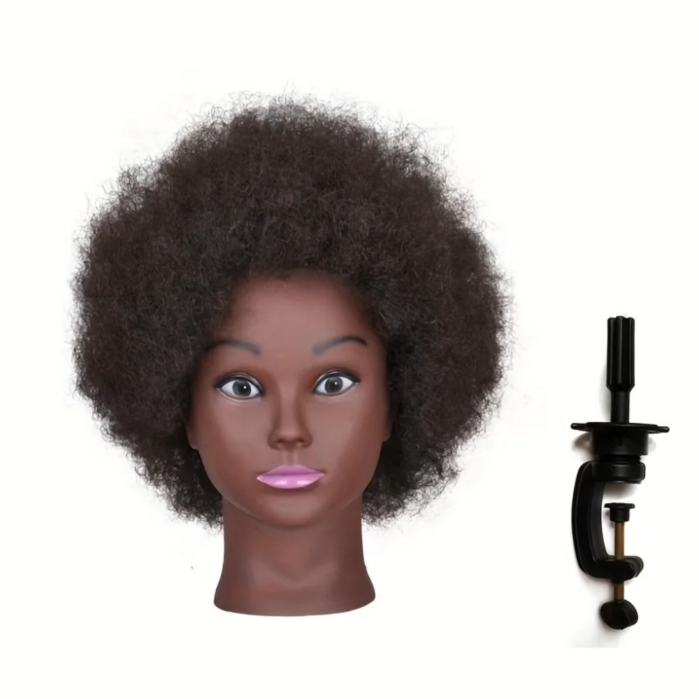 African mannequin head with 100% human hair, curly hair beauty mannequin head with display stand practice braiding hair styling
