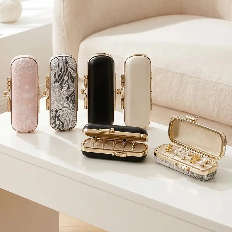 Kiss Lock Clasp Mini Ring Box Velvet Slots Lining Faux Leather Outer Earring Studs Organizer Gold Metallic Trim