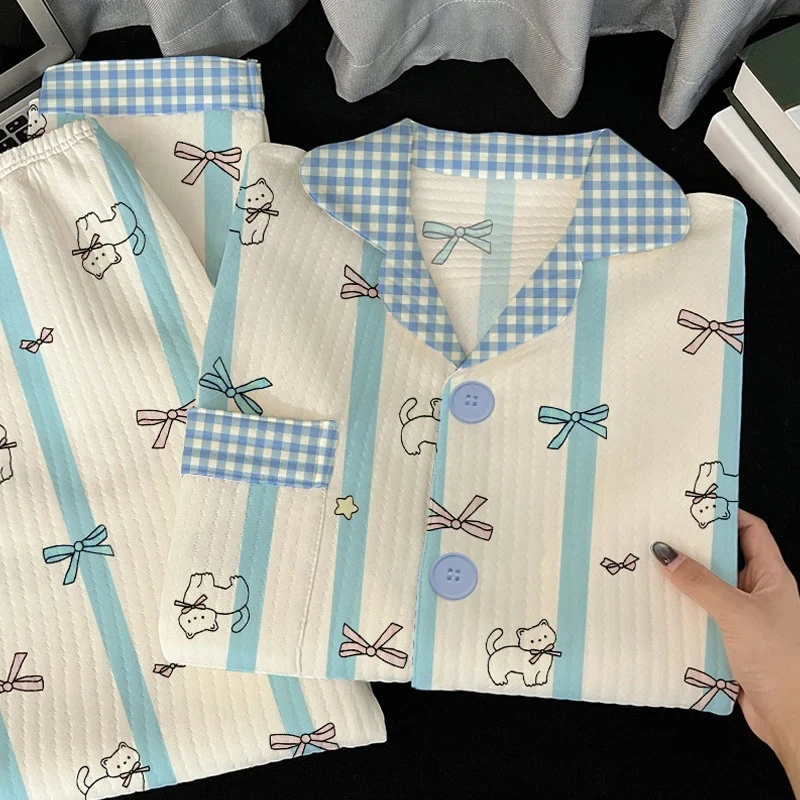 Sleepwear Set Striped Cute Bow Tie Cat Print Long Sleeve Women's Pajamas Casual 2 Pieces Loungewear Autumn Winter New Home Suit