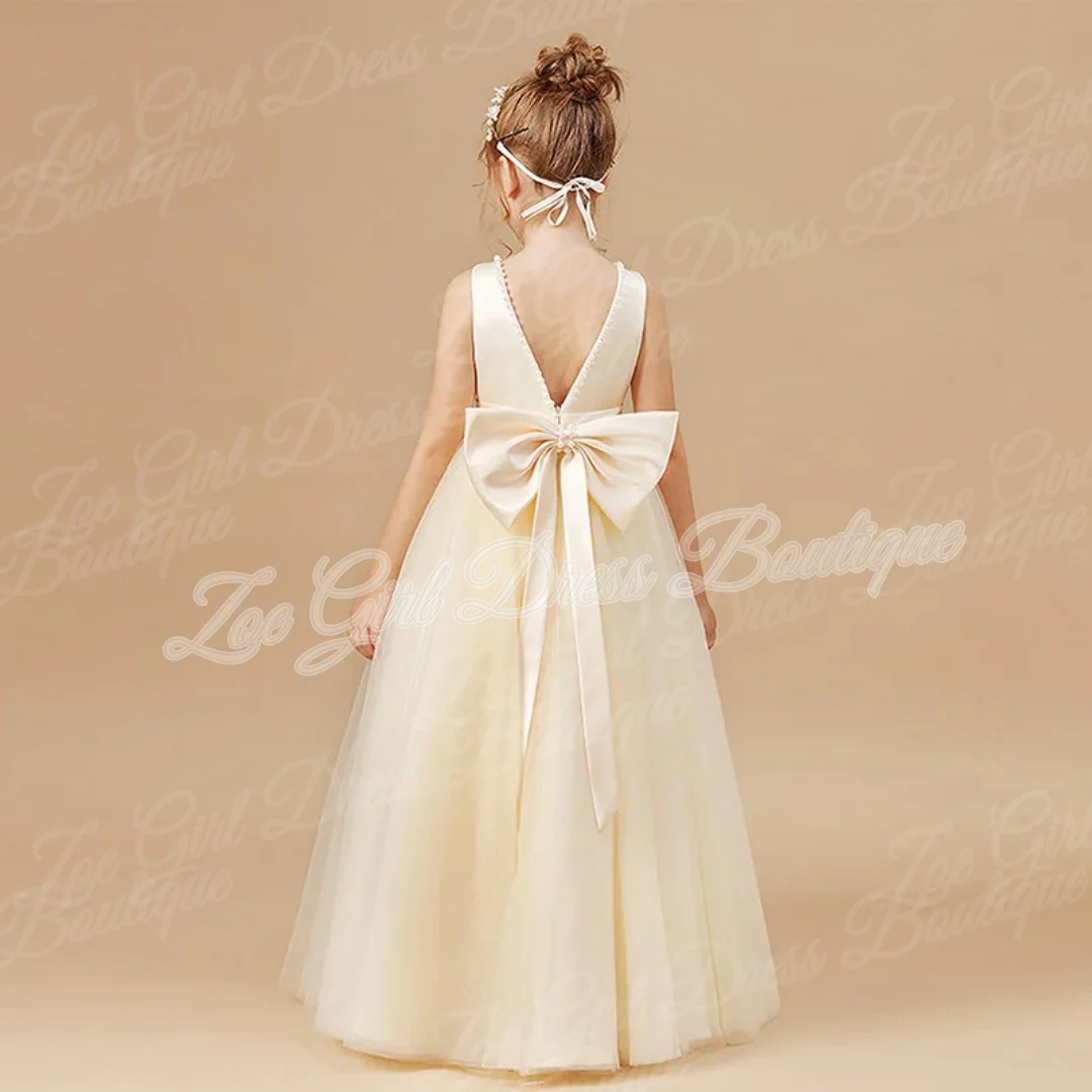 ChampagneTulle Girls Birthday Party Gowns Pearl Neck Back Bow Princess Sleeveless Communion Flower Girl Dresses Customized