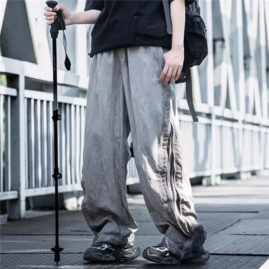 Mens Thin Sport Pants Summer Side Zipper Paratrooper Trousers Streetwear Hip Hop Washed Baggy Wide-leg Joggers Pant Unisex