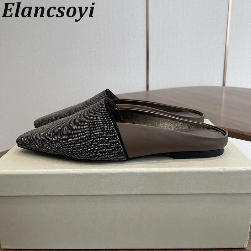 New 2026 Half Slipper Spring Autumn String Bead Decor Closed Toe Slippers Women Genuine Leather Outerwear Flat Bottom Mules