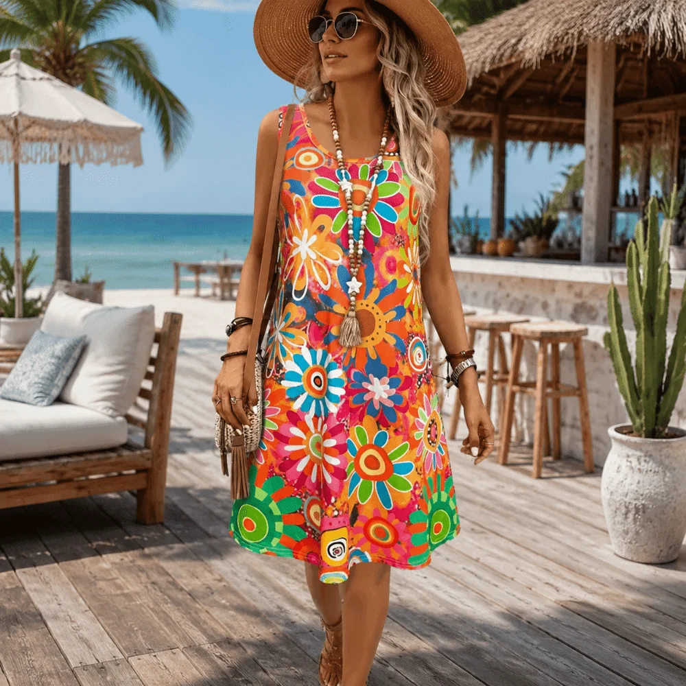 Colorful Round Neck Floral Print Dress Summer Sleeveless Vacation Style Dress Loose Fit Casual Women's Short Dresses Picnic
