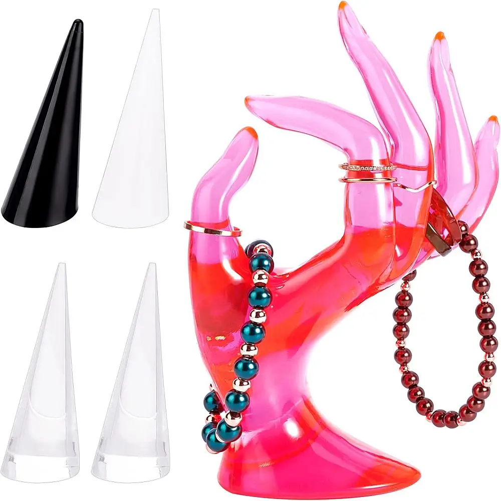 7Pcs 4 Style Acrylic Ring Displays Cone Shaped Finger Ring Display Stands Misty Rose 2.3~2.62x6~7.25cm 2pcs/style