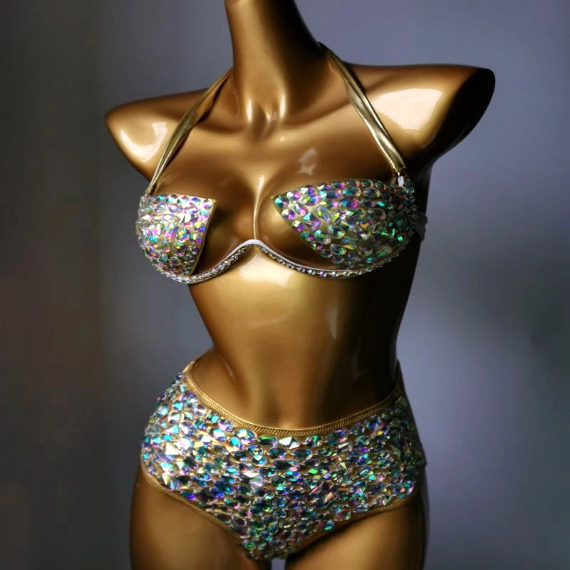 NEW Bikini Set Summer Swimsuits Sexy Halter Glitter Carnival Bra Rhinestone Fashion Beach Bikini Set Luxuy Swimming Suits