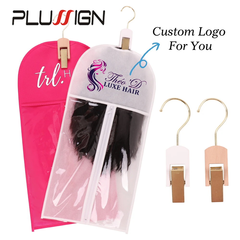 Plussign Customized Logo 20Sets Non Woven Wig Bag And Wig Hanger Hair Extensions Bags With Non Slip Hook Clips For Wig Storage