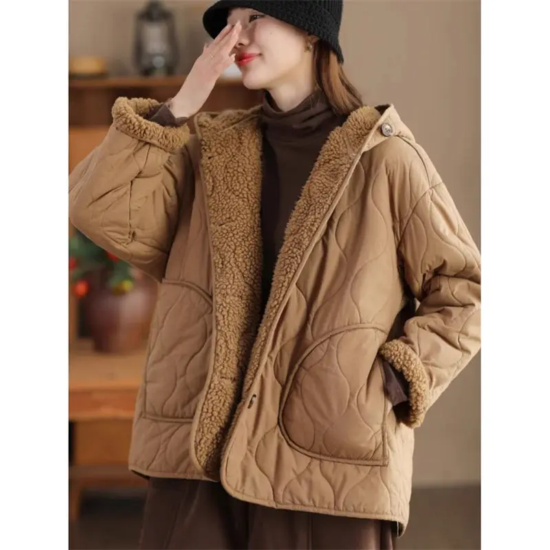 2026 Winter Lamb Fleece Warm Coat Women's Fashion Casual Hooded Thick Cotton Jacket Mujer Abrigos Short Parkas A175