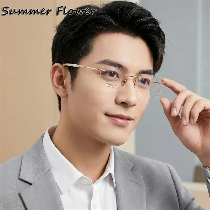 Top Quality Gentlemen Glasses Frame Pure Titanium OX Horn Tips Ultra Light Men Gafas for Prescription Lens Reading Glass