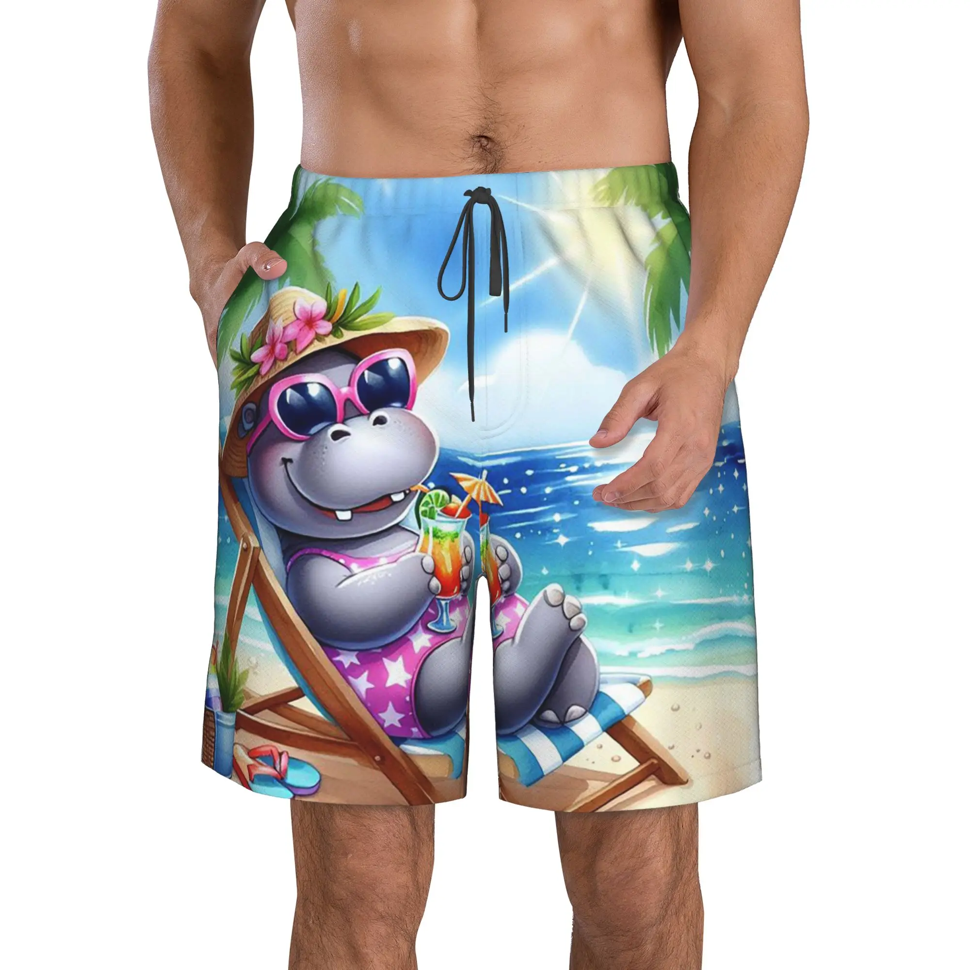 Cartoon Hippopotamus On The Beach Trunks Beach Board Shorts Casual Quick Dry Swimming Summer Men Pants