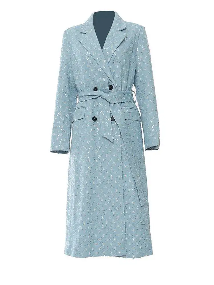 Blue Sequ Women Denim Big Size Thick Long Blazer New Lapel Long Sleeve Jacket Fashion Spring Autumn 2026 1DHA9