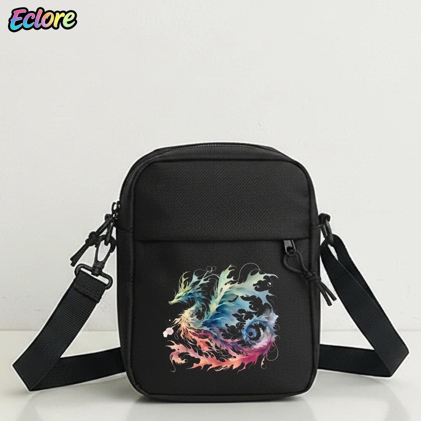 Men's Shoulder Bag with Watercolor Dragon Design, Detachable Strap, Zip Closure, Stylish Oxford Tote for Travel, Party, Sports,
