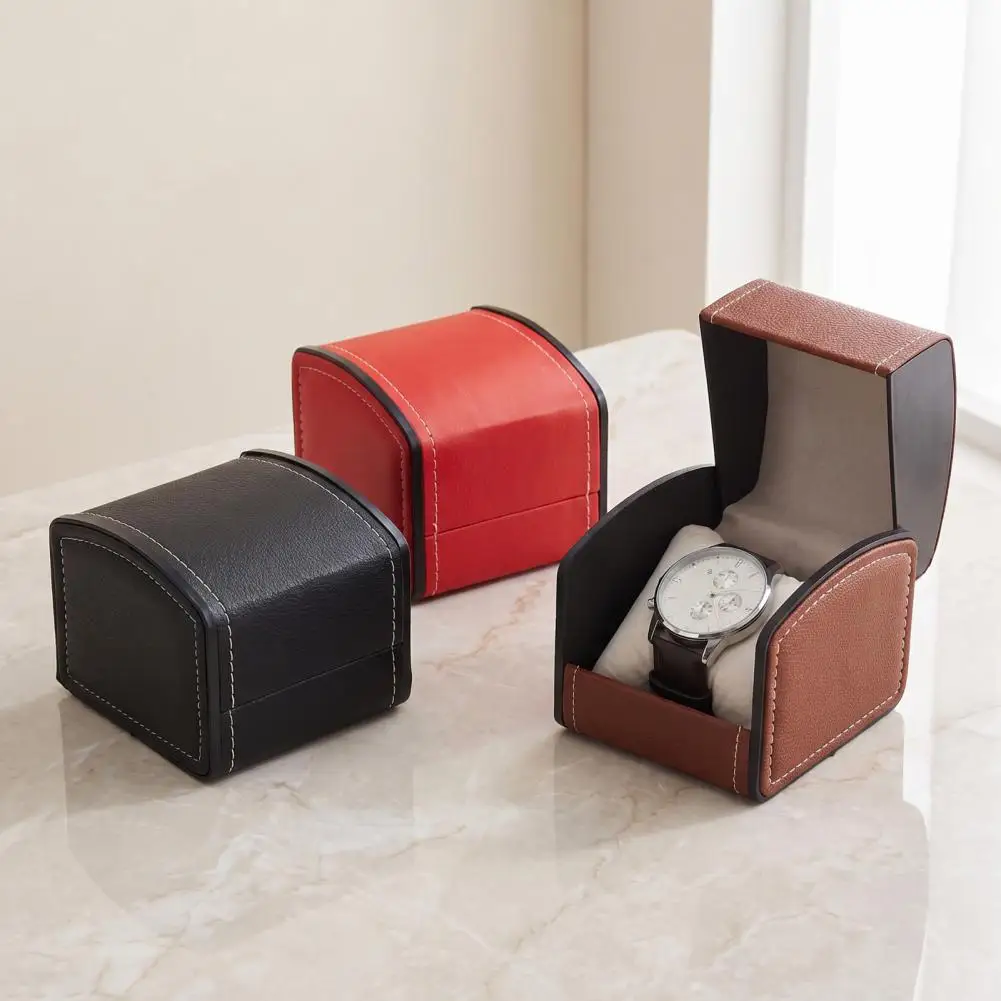 Single Watch Box with Curved Flip Lid Soft Interior Lining Watch Holder, Waterproof PU Leather Box for Luxury Timepiece Storage