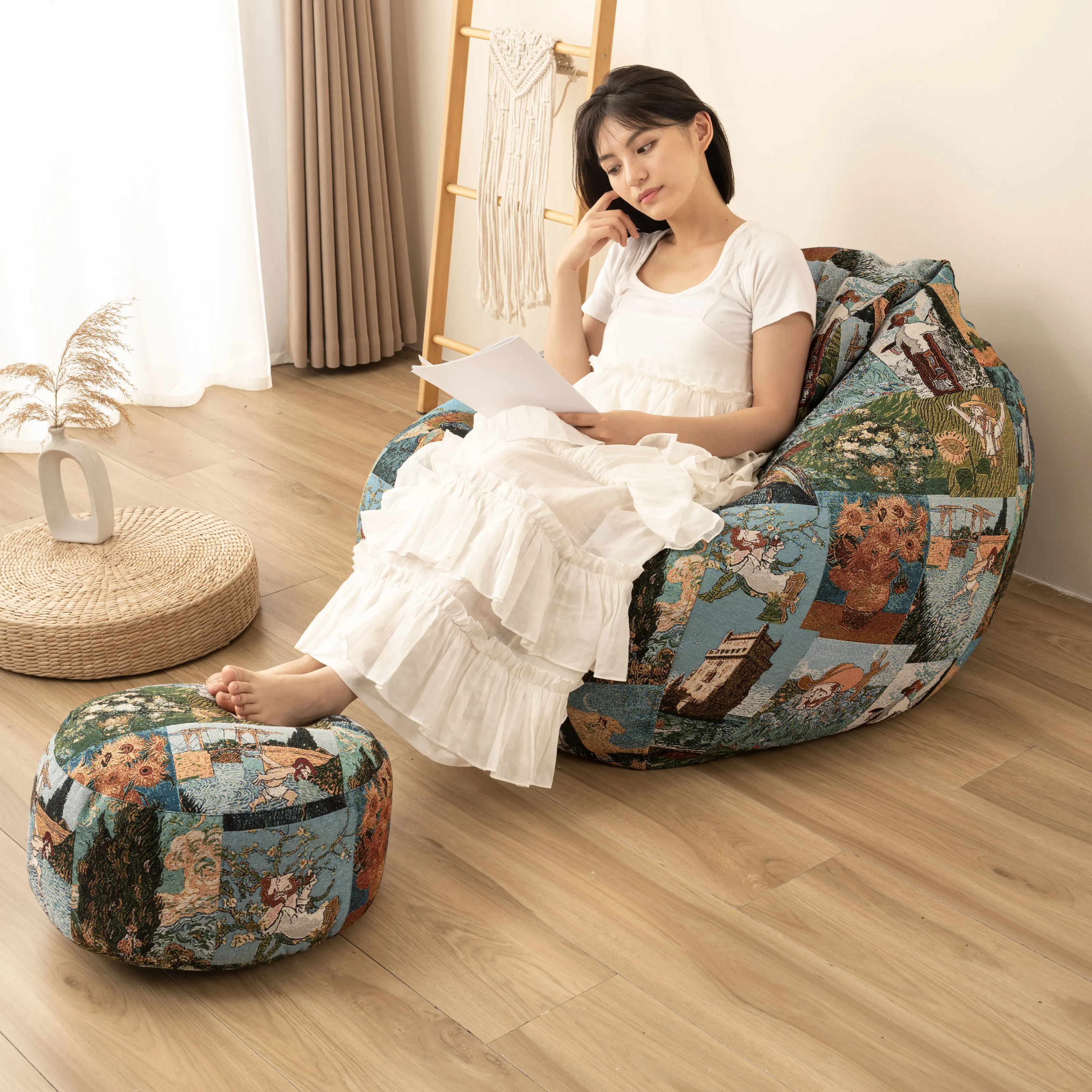 Custom Lazy Sofa Comfortable And Soft Tapestry Bean Bag Single Sofa For Floor Tatami Bedroom Living Room Decoration