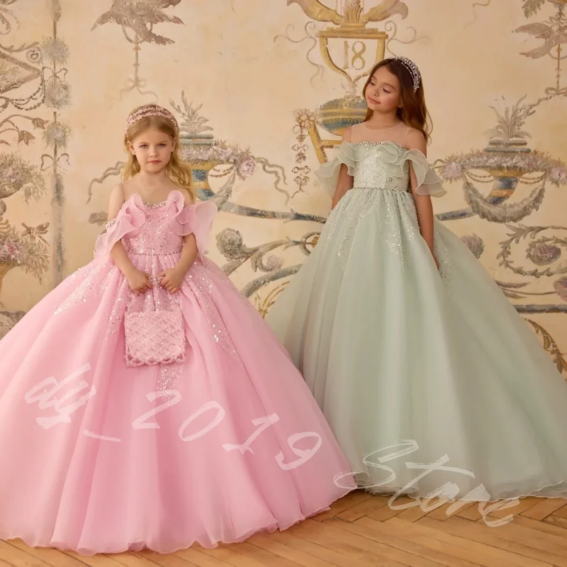 Customized Flower Girl Dress Luxury Sequin Off Shoulder Tulle Princess Ball Gown Girls Pageant Birthday Party Formal Gown
