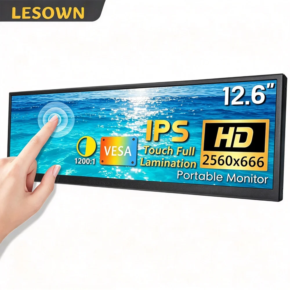 LESOWN 12.6-Inch Ultra-Thin IPS Touch Stretched Bar Monitor 1920x515 Portable Elongated Display for GPU/CPU Monitoring