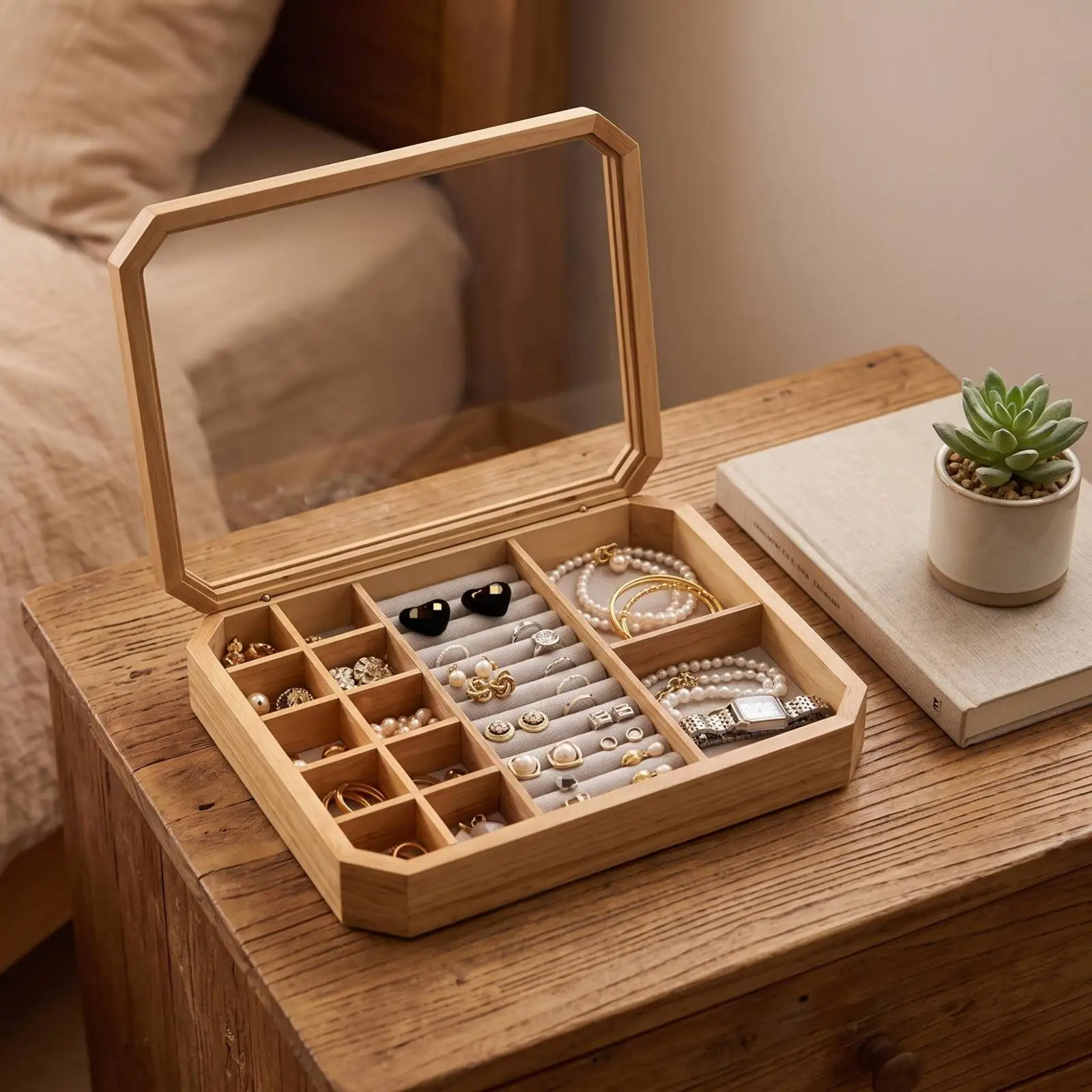 Wooden Jewelry Box with Compartments Divided Wooden Jewelry Box Desktop for