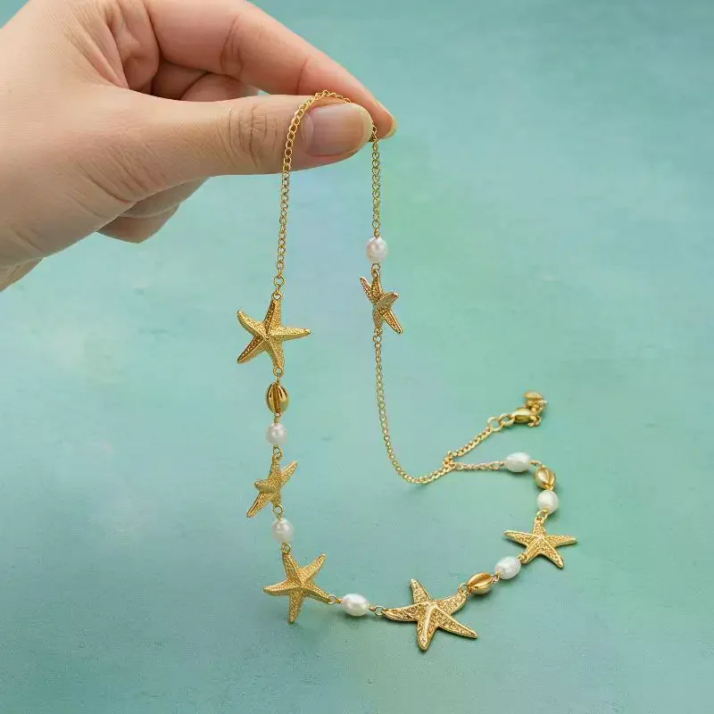 Fashionable Elegant Sea Star Imitation Pearl Gold Shell Waist Belly Chain: Alloy Bohemian Beads Bikini
