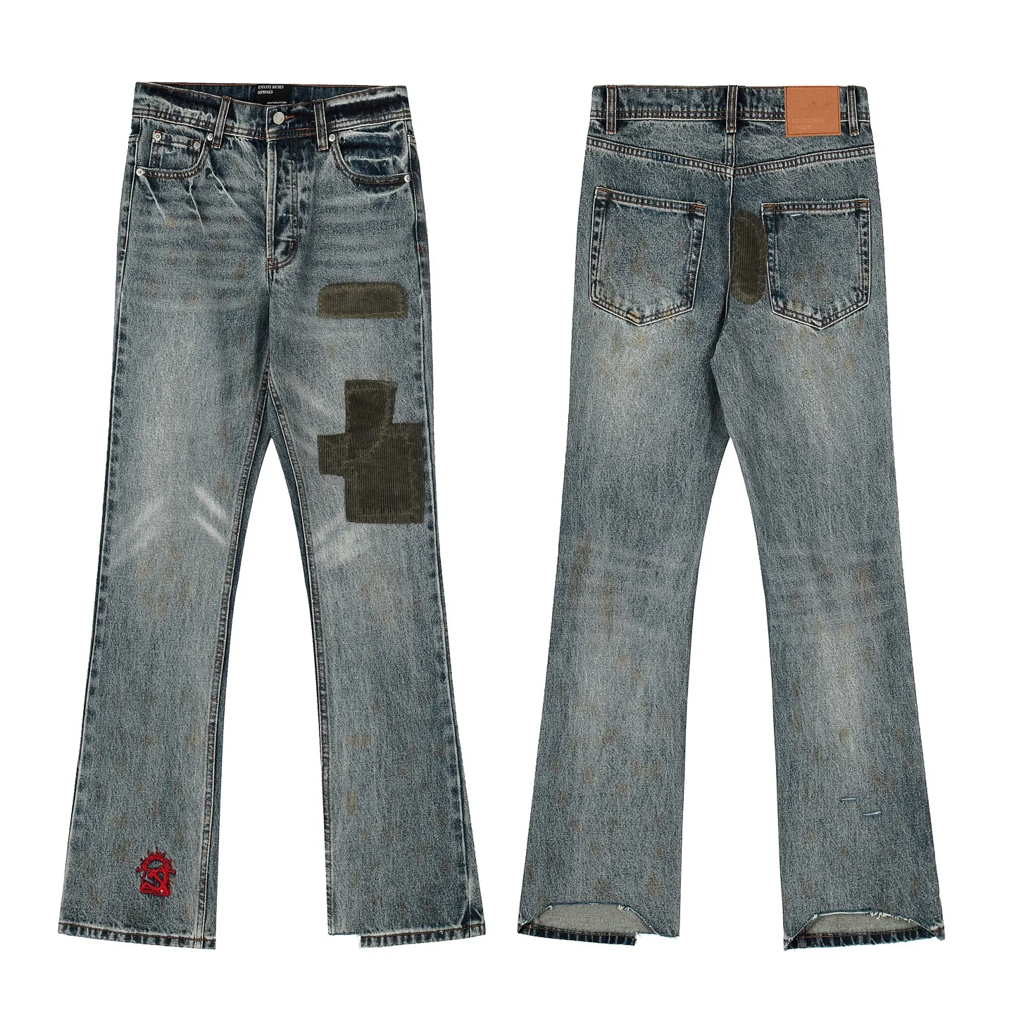 Vintage Blue Washed Ink Splatter Ripped Patch Jeans Unisex Distressed Patchwork Loose Straight Denim Casual Pants