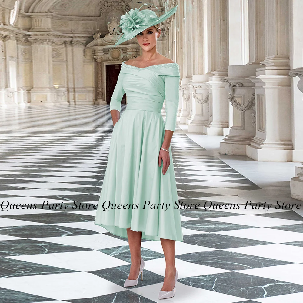 Mint Satin Mother of The Bride Dress Off The Shoulder V Neck Beading Sequined A Line Tea Length Wedding Guest Gown Party Dresses