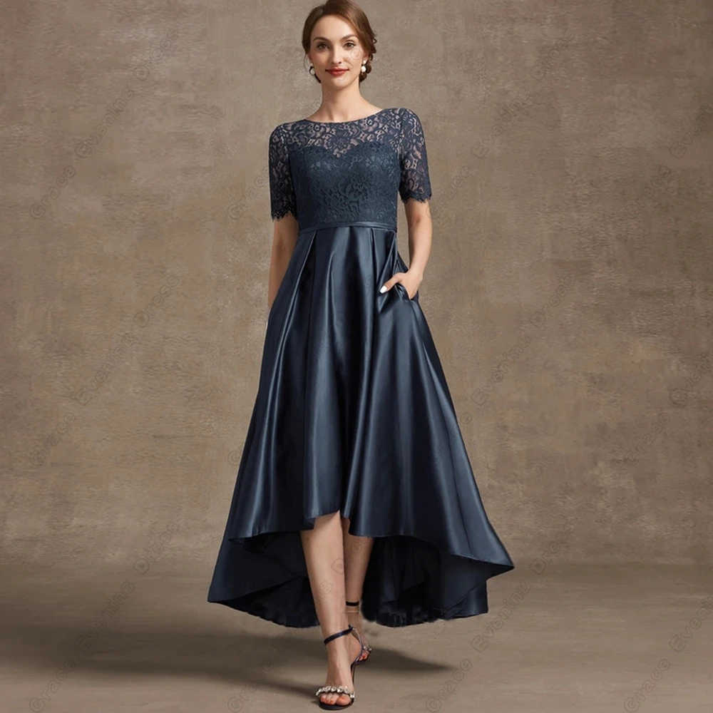 Navy Blue Short Sleeve Mother of Bride Dresses with Lace 2025 Summer Ankle Length Prom Gowns with Pocket Robe De Soire New