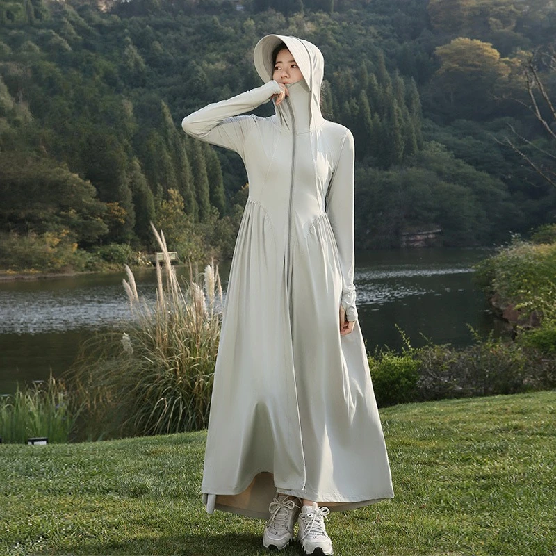 Summer Fashionable Slim Fit UV Resistant Lightweight Hooded Sunscreen Suit Waist Hugging Long Ice Silk Sunscreen Dress for Women