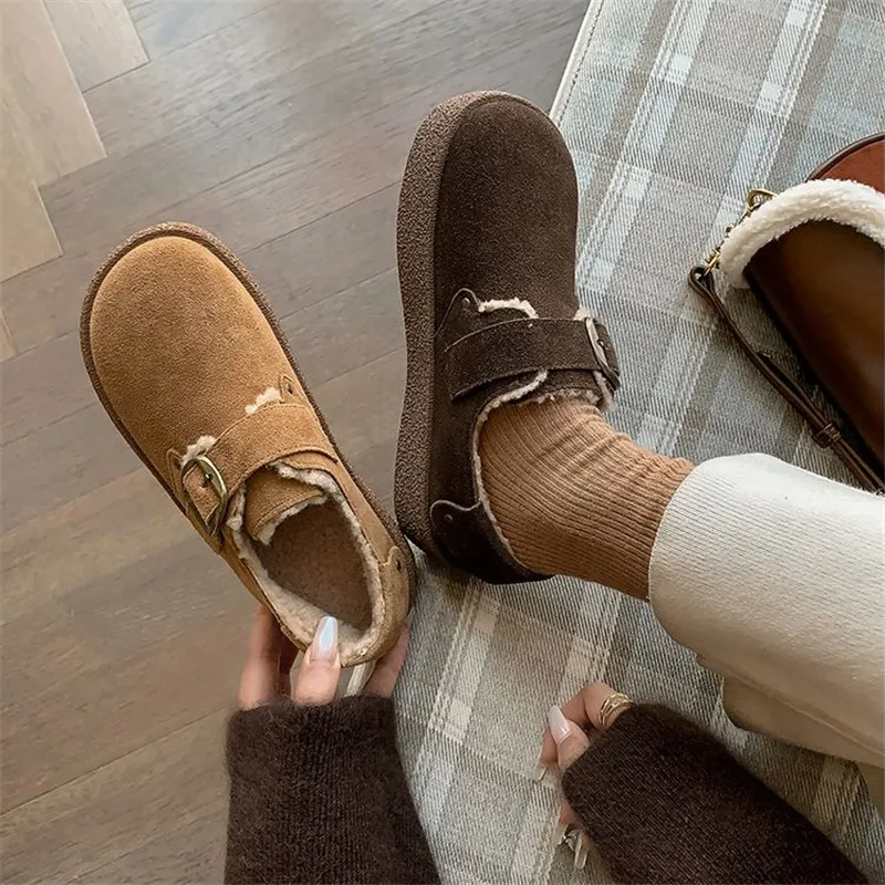 New Winter Cow Suede Women Pumps Shoes for Women Fashion Buckle Round Toe Warm Loafers Platform Shoes Zaptos Mujer Brown Shoes