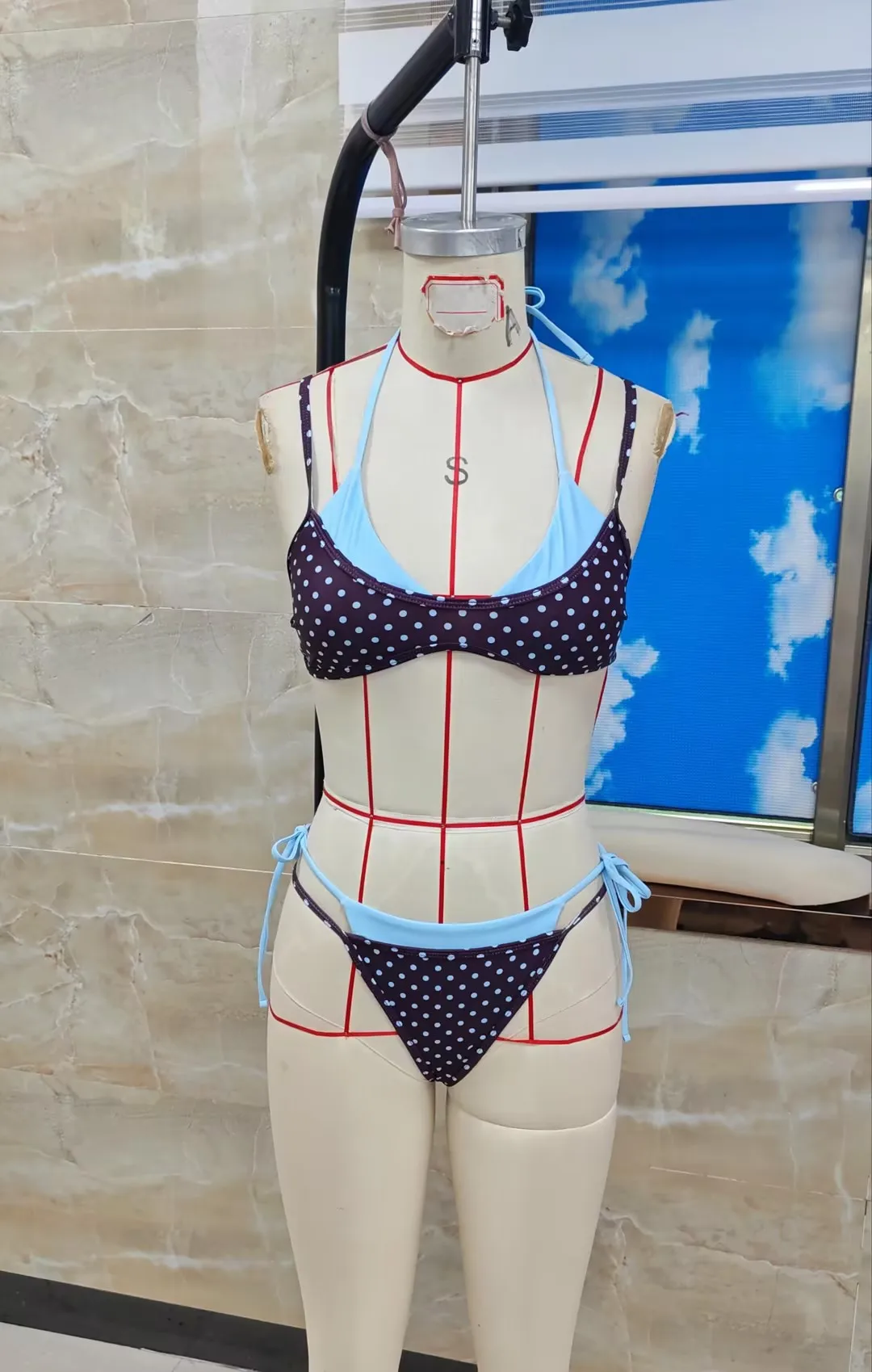 Women's Double Layered Bikini Set Dot Print Halter Bra with Side Tie-up Low Waist Shorts 2 Pcs Swimsuit