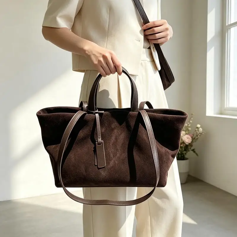 Luxury Designer Genuine Suede Cowhide Women Tote Bag Slouchy Real Leather Top Handle Crossbody Handbag Ladies Daily Work Purse