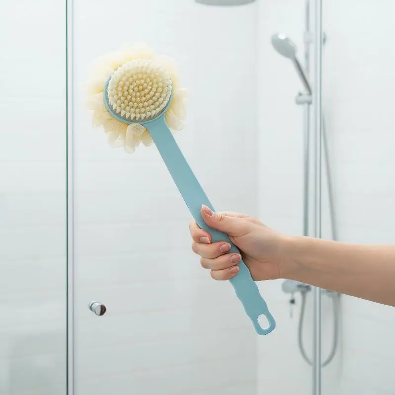 Soft Loofah And Bristles Bath Body Brush For Women And Men - Curved Long Handled Shower Brush For Body, Face, And Spa Washing