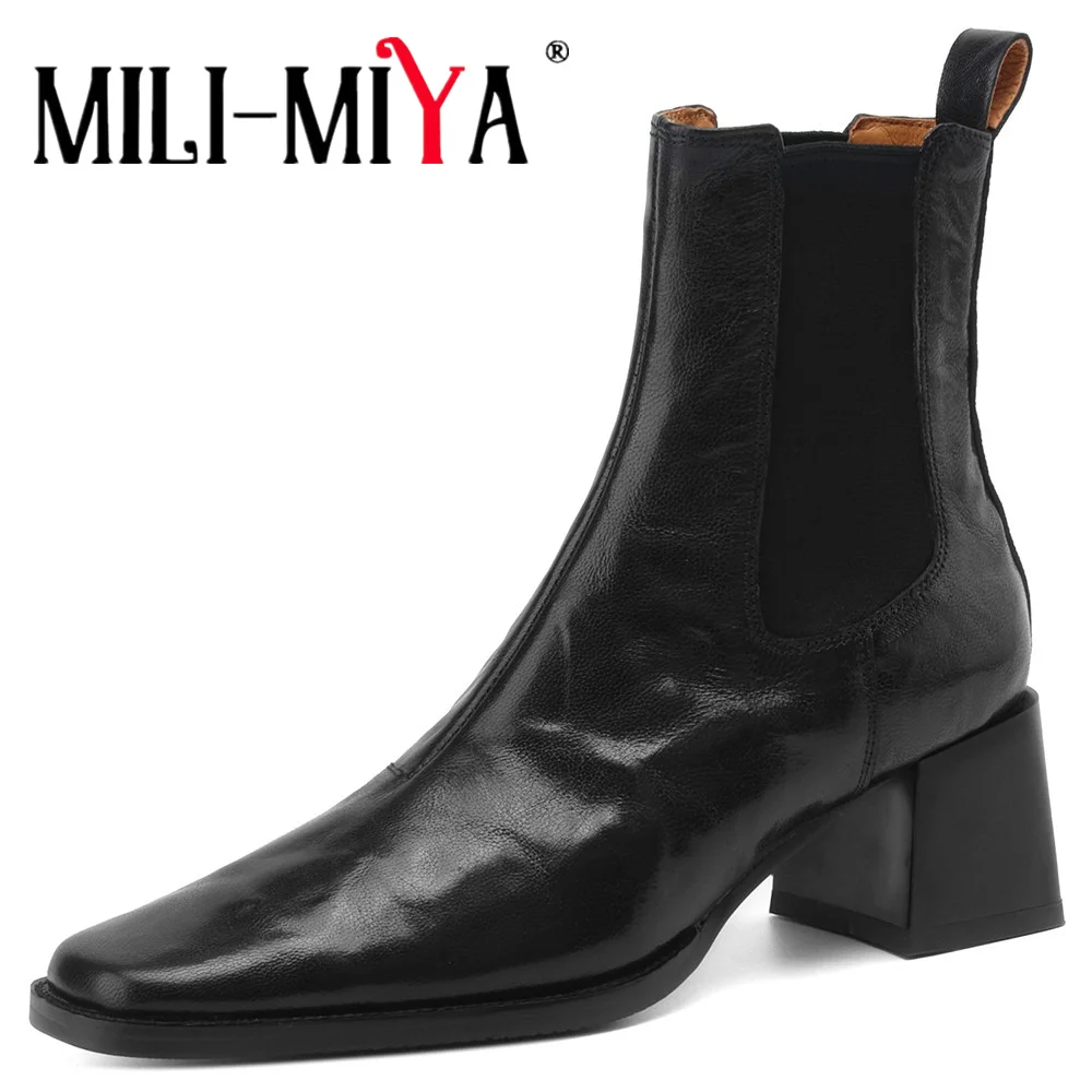 MILI-MIYA New Arrival Women Soft Sheep Skin Ankle Boots Square Toe Thick Heels Elastic Band Slip On Solid Color Casual Street
