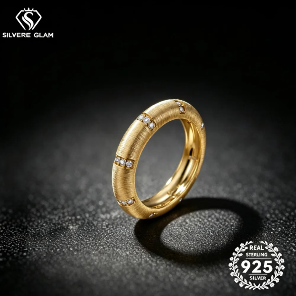 S925 Silver D VVS1 Moissanite Brushed Textured Dome Band Ring Scattered Stone Inlay Fine Stackable Jewelry For Women Daily Gift