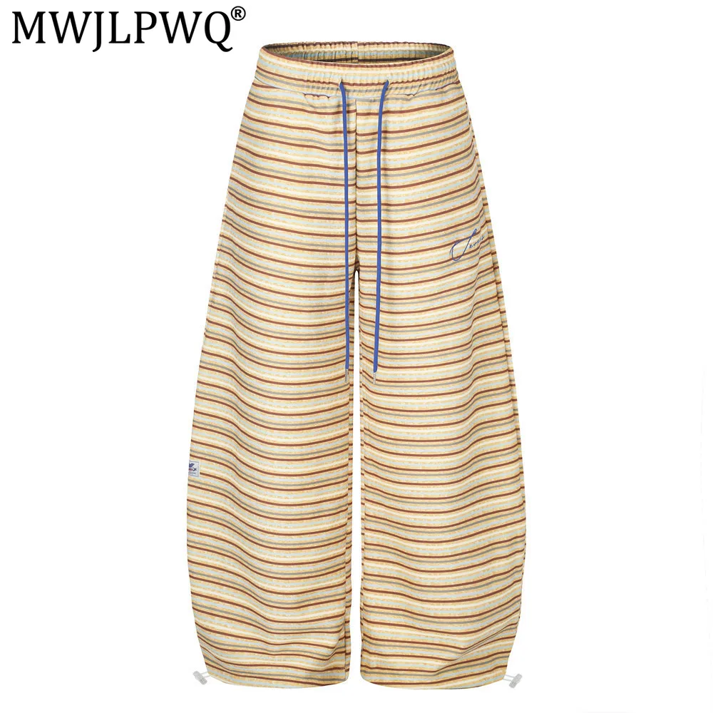 MWJLPWQ Striped Wide-Leg Curved Sweatpants For Men Trendy American Vibe Style Adjustable Cuffs Loose-Fitting Casual Pants 20888