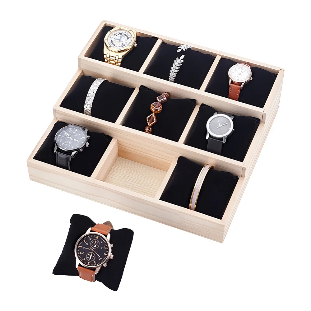 3-Tier 9 Grids Wooden Watch Bangle Organizer Tray Jewelry Watch Tray with Removable Pillows Bracelet Bangle Display Holder