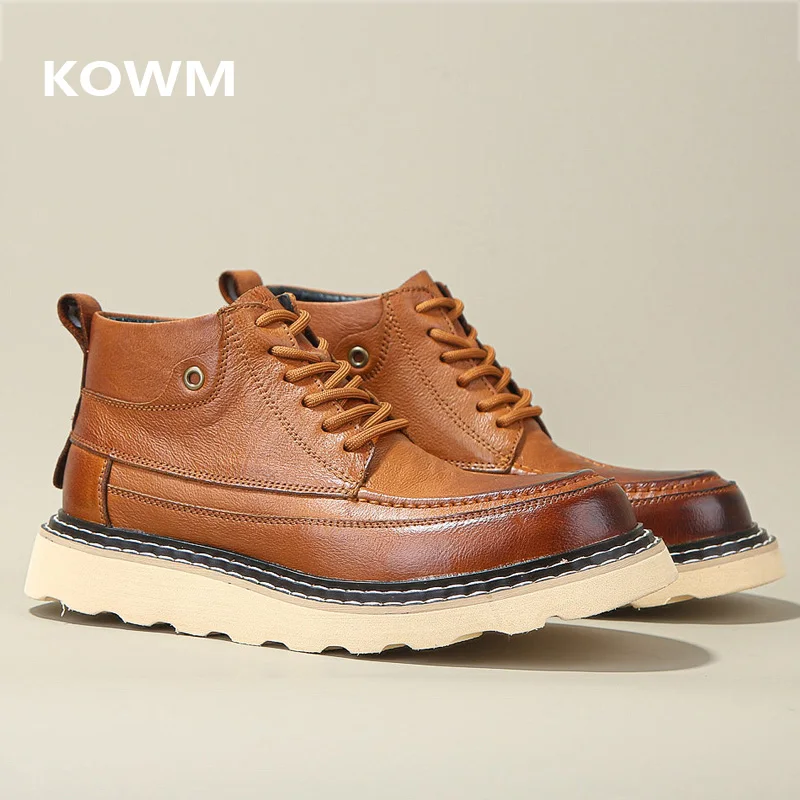 KOWM Hiking shoes men's walking boots British cowhide motorcycle boots ankle casual  trekking shoes thick soled travel sneakers