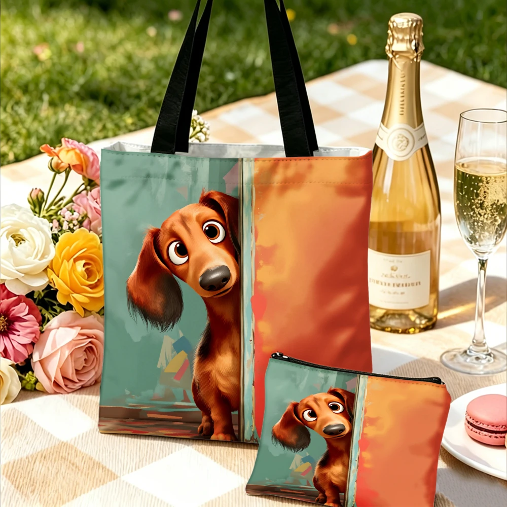 1/2pc Tote Bag Orange And Teal Dachshund Dog Print Shoulder Bags And Cosmetic Bag Combination Travel Storage Pouch