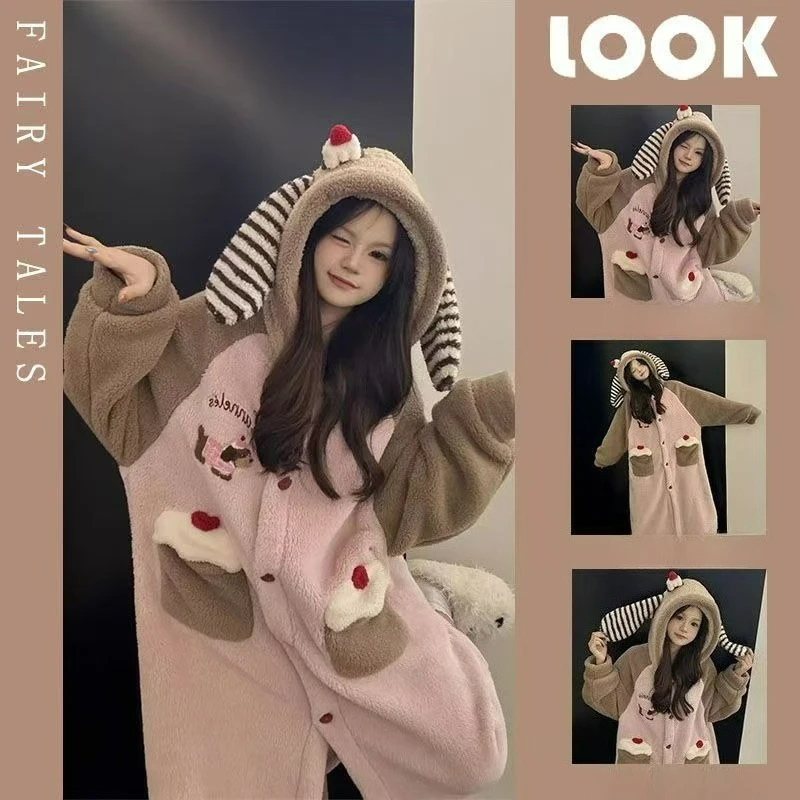 Women Cartoon Bathrobe Loungewear Thick Warm Coral Fleece Dressing Gown for Autumn Winter Night Gown