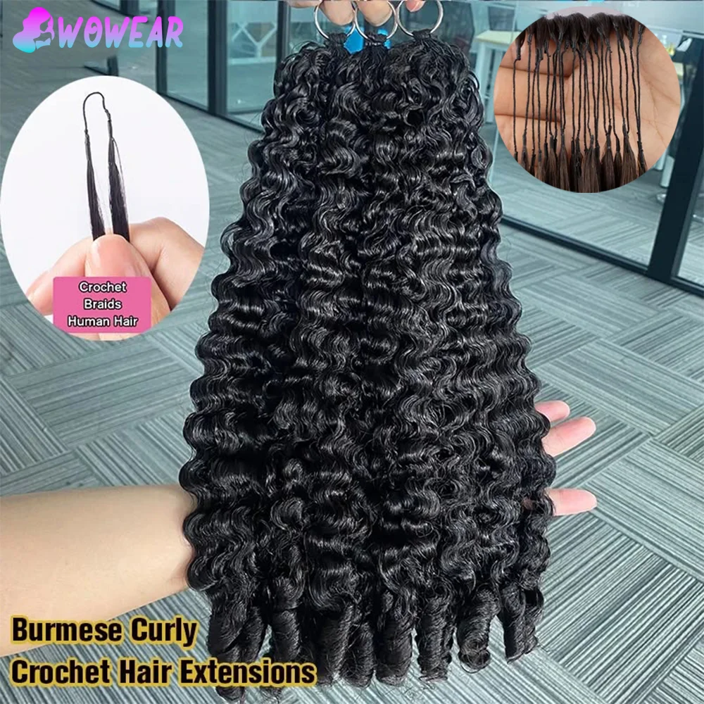 Burmese Curly Hair Crochet Bundles 28 Inch 60g Pre-Separated Feather Crochet Hair Full Machine Wet and Wavy Invisible Crochet Hair Extensions Kit Natural Black