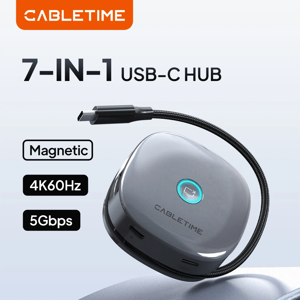 CABLETIME USB C Hub Magnetic hub 7 in 1 4K@60Hz 5Gbps Resolution Fast Data Transmission SD/TF 3.0 for Laptop iPhone 17 pro