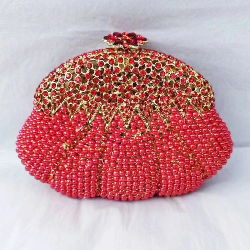 Red Pearl Evening Crystal Bag Luxury New Diamond Wedding Purse Bridal Clutches WHTUOHENG Women Shoulder Handbags Minaudiere