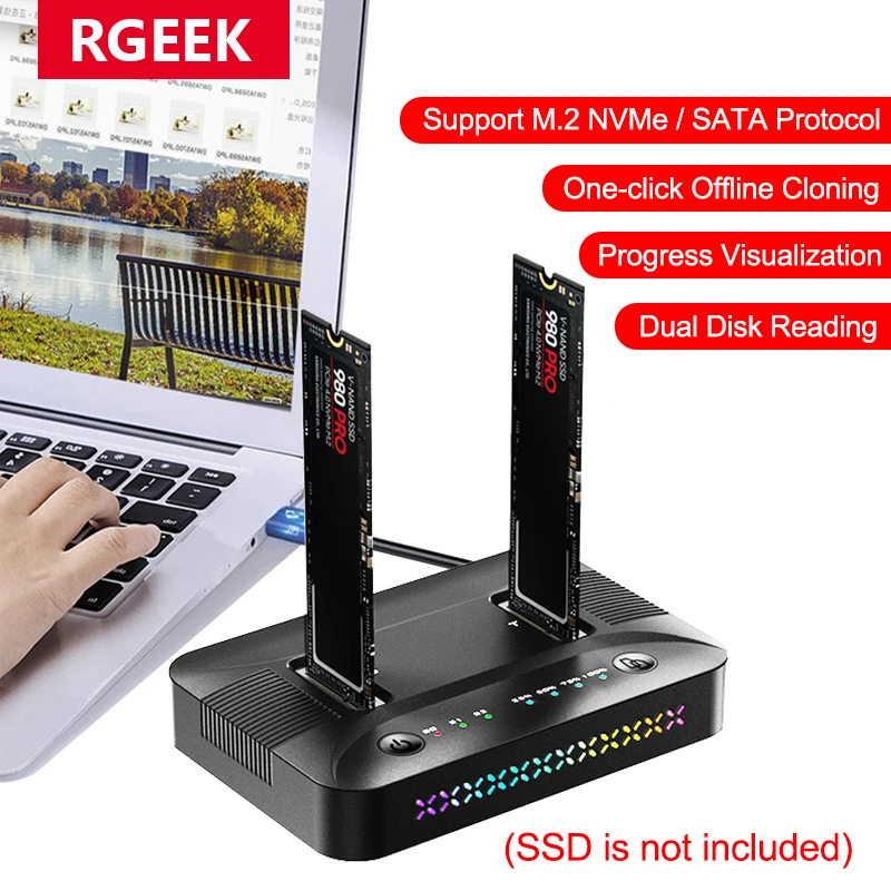 Dual-Bay M.2 RGB SSD Docking Station M.2 NVME NGFF SSD Enclosure USB3.2 GEN2 Type C 10Gbps Data Transfer Support Offline Clone