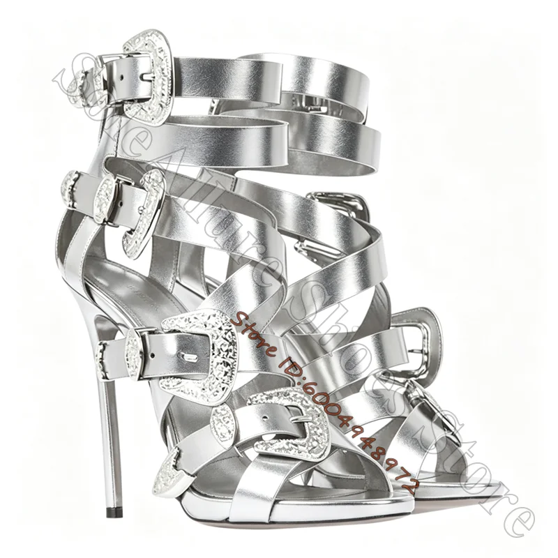 Metallic Silver Multi Strap Buckle Stiletto Sandals Carved Rhinestone Embossed Buckle Gladiator Heels Prom Lady Party Sandals