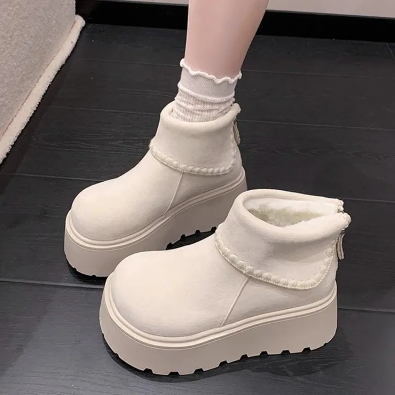 Women Cream Platform Snow Boots, Winter Warm Fleece Lined Ankle Boots, Back Zipper Chunky Sole Plush Cotton Boots
