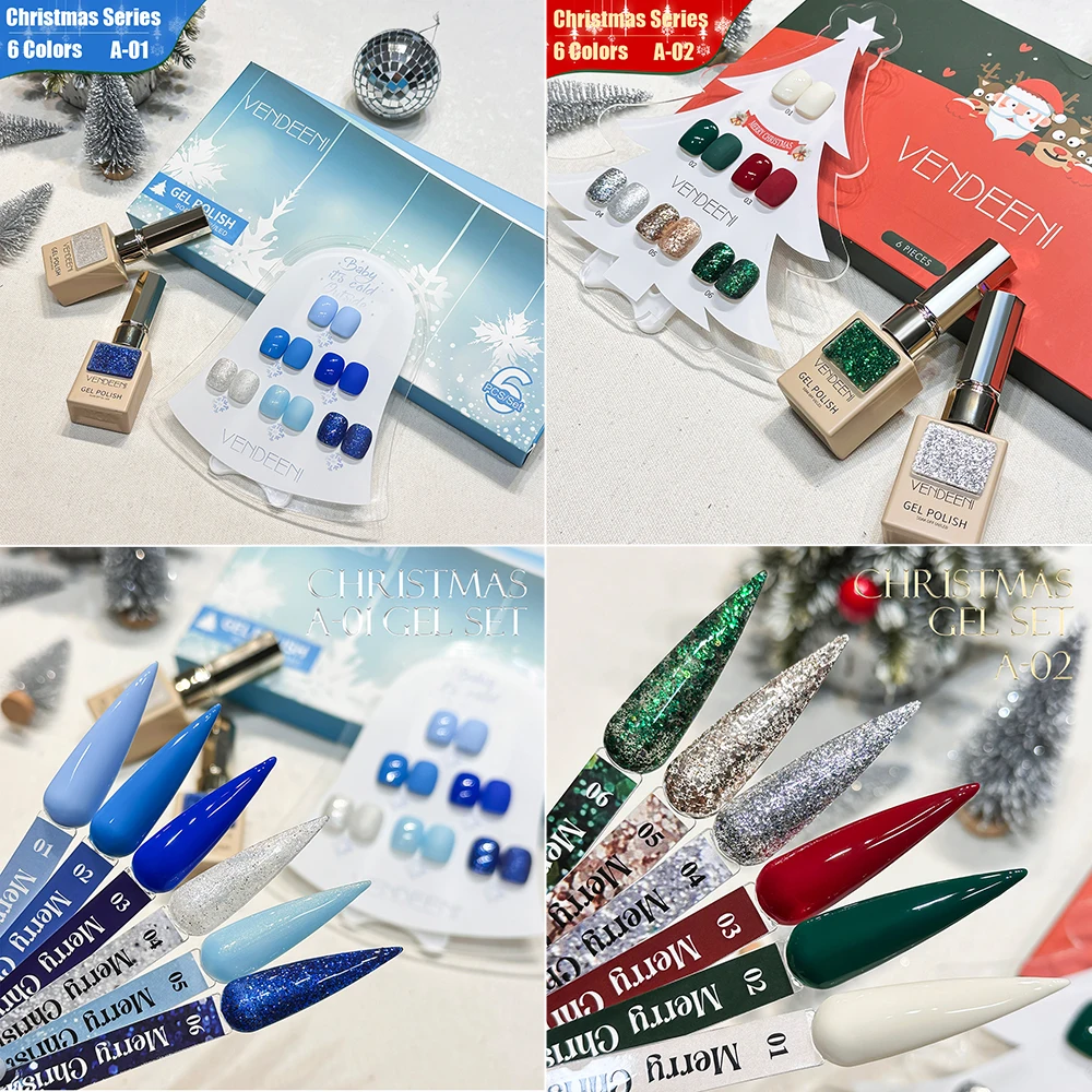 Vendeeni 6 Colors/Set Christmas Gel Nail Polish Semi Permanent Ice Snow Blue Red Green UV LED Soak Off Gel Varnish With Display